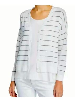 Eileen Fisher White Stripe Button-Front Women's Cardigan size L